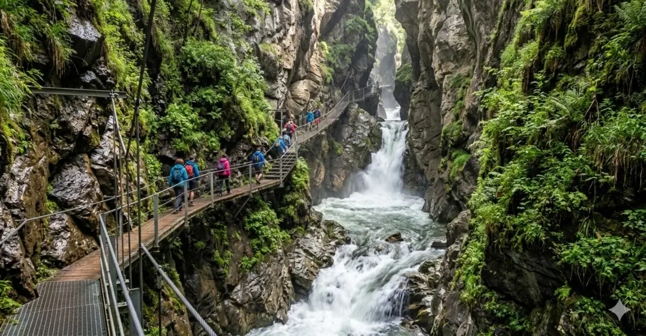Sentiero sospeso tra le rocce e la vegetazione lussureggiante, con cascate fragorose che scendono nel **orrido di Bellano**.