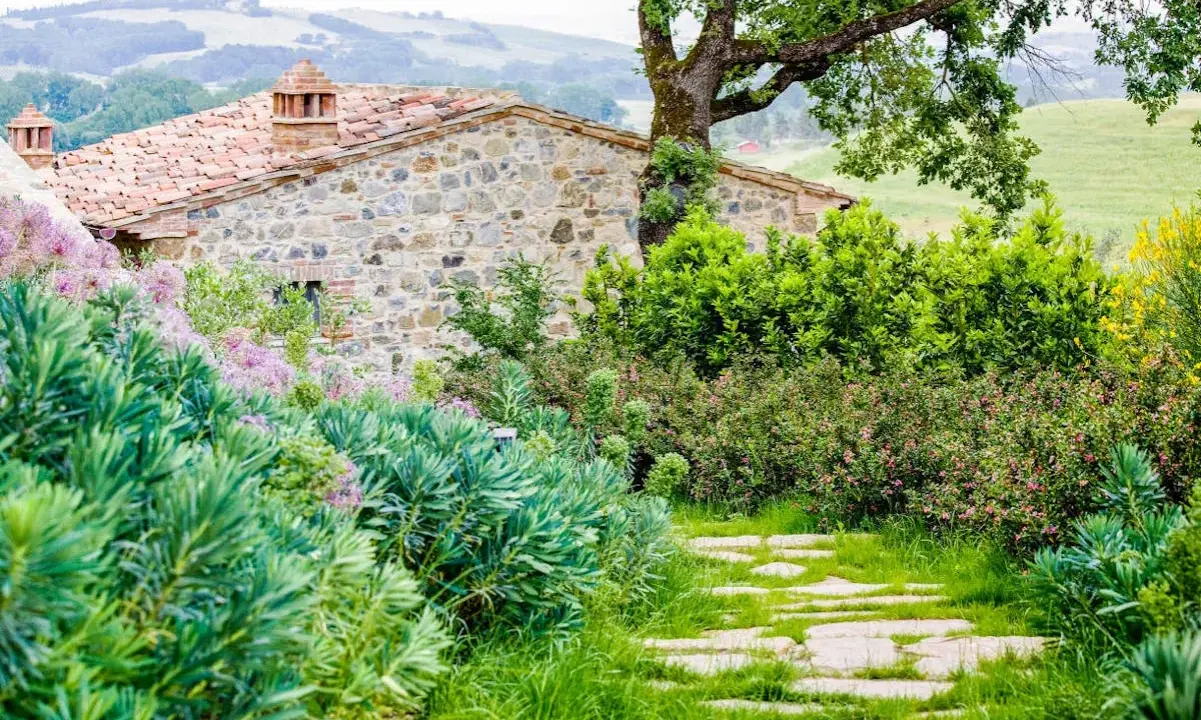 Un chemin de dalles de pierre serpente à travers un jardin luxuriant, bordé de divers types de haies. Des fleurs roses et des arbustes verdoyants entourent une maison en pierre toscane.