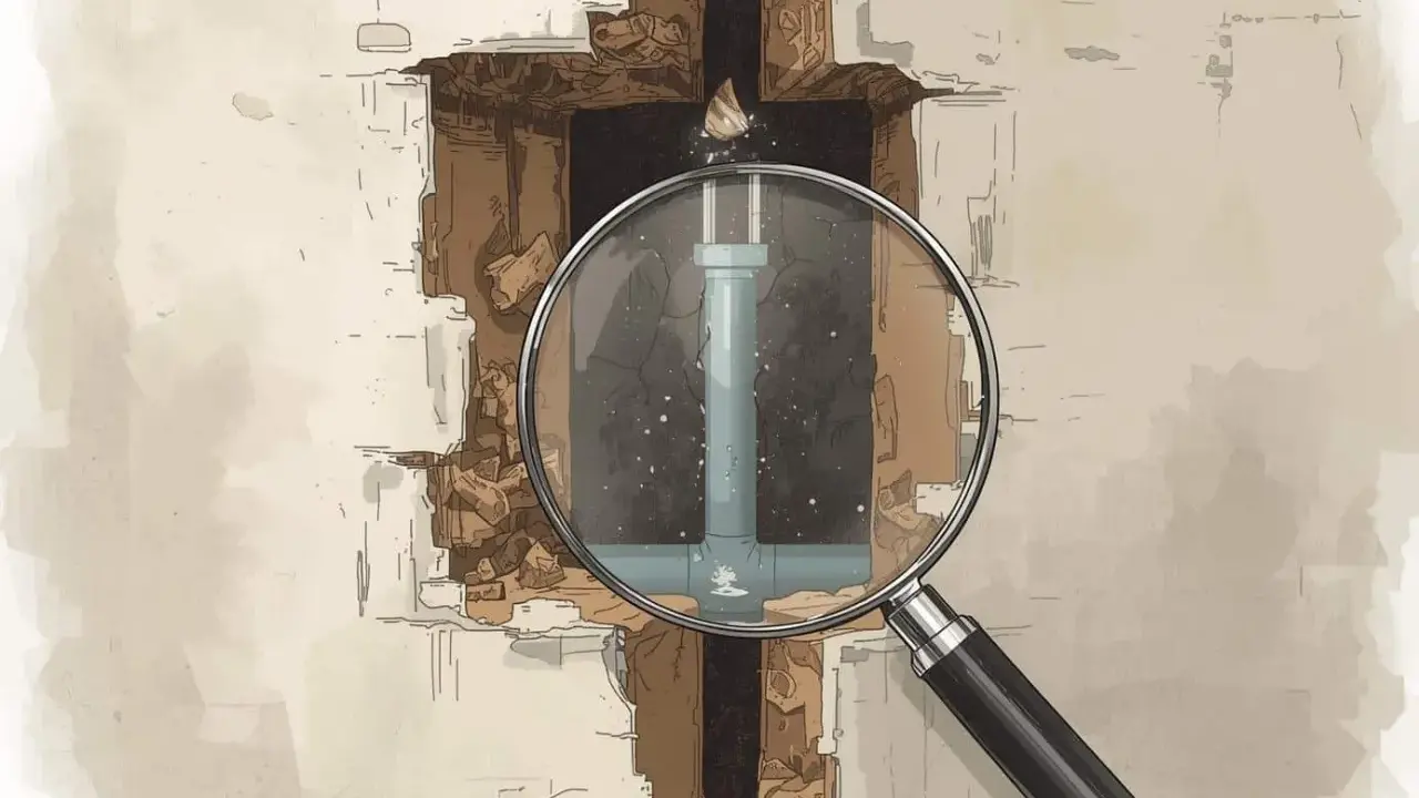 Une loupe examine un tuyau d'eau fissuré dans un mur délabré. L'inspection révèle le problème à proprement parler.