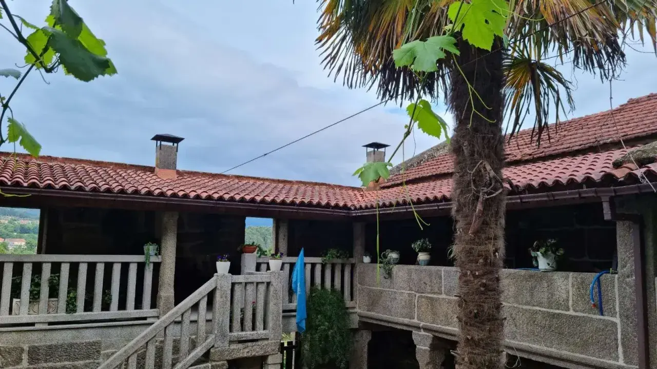 Un patio de piedra con escaleras y barandillas, un palmera y tejados rojos. Un lugar perfecto para una casa parranda.
