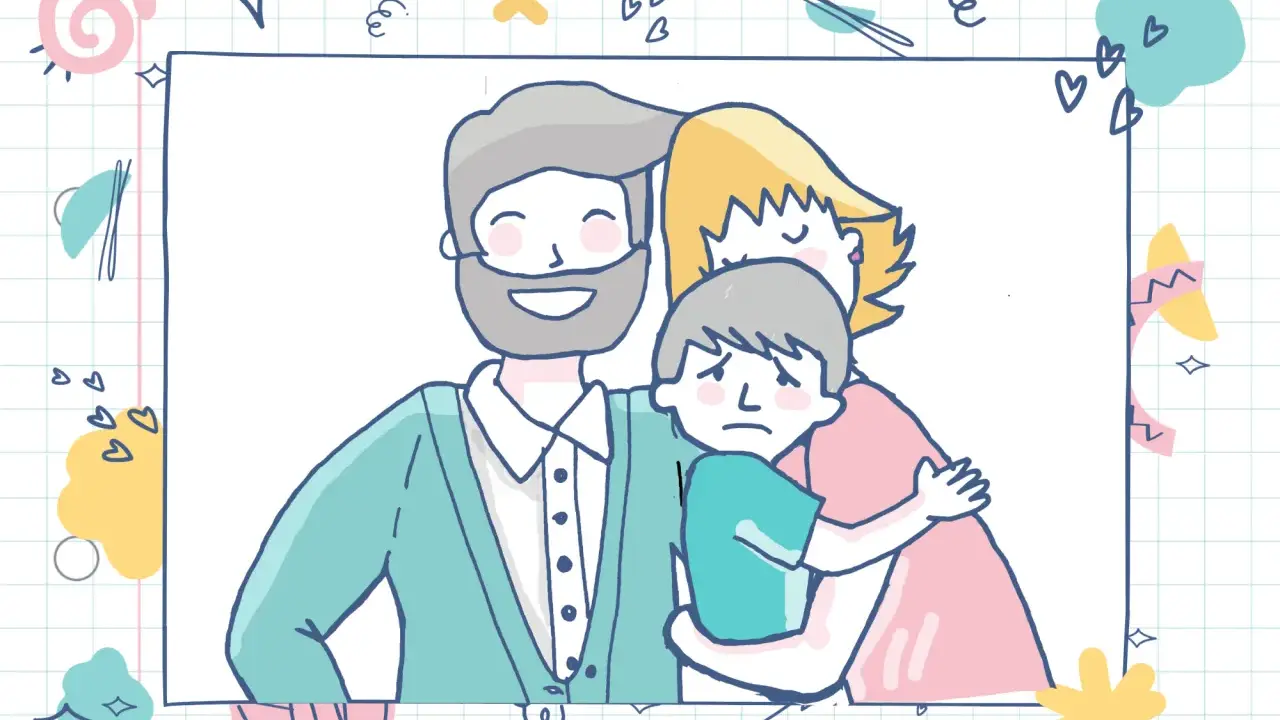 Ilustración de familia con un niño triste abrazado por sus padres, reflejando el apego en niños de 6 a 12 años.