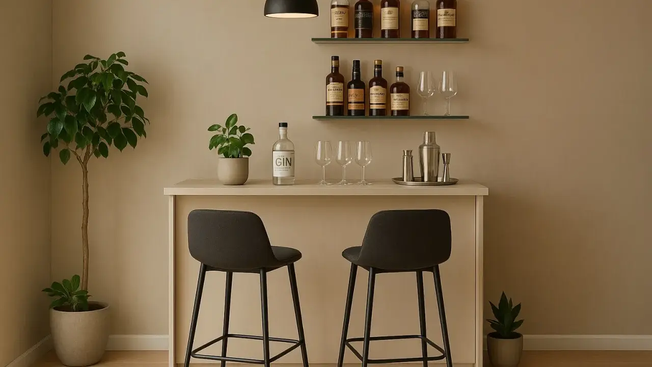 Elegante angolo bar con bottiglie di liquori, bicchieri, shaker e due sgabelli.