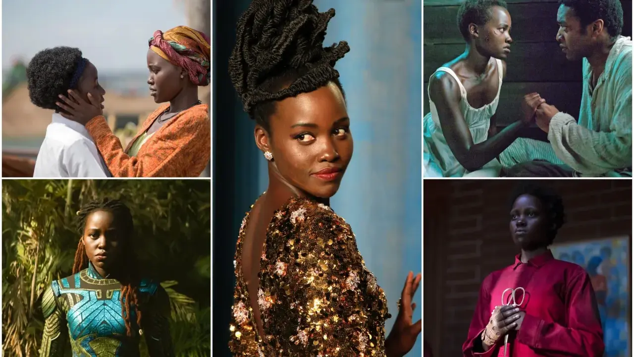 Lupita Nyong'o in diverse ruoli: da "12 anni schiavo" a Black Panther, con abiti eleganti e acconciature audaci.