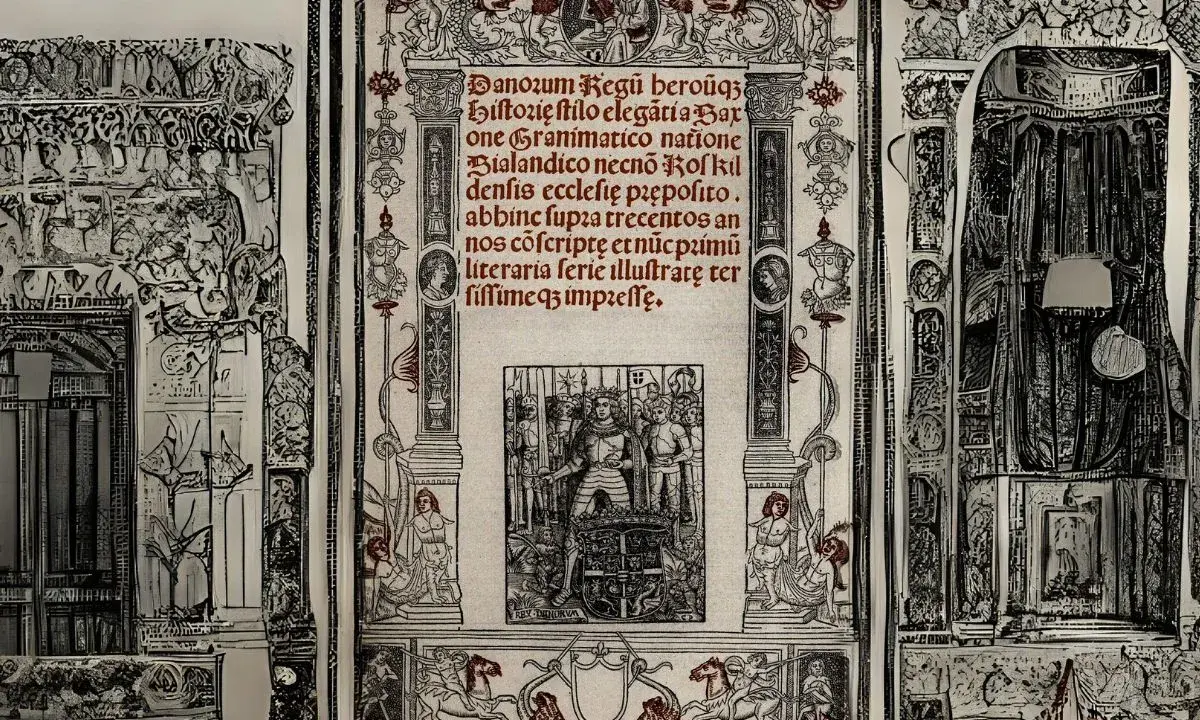 En illustration från Saxo Grammaticus verk, med en kung och riddare i centrum, omgiven av dekorativa element och text.