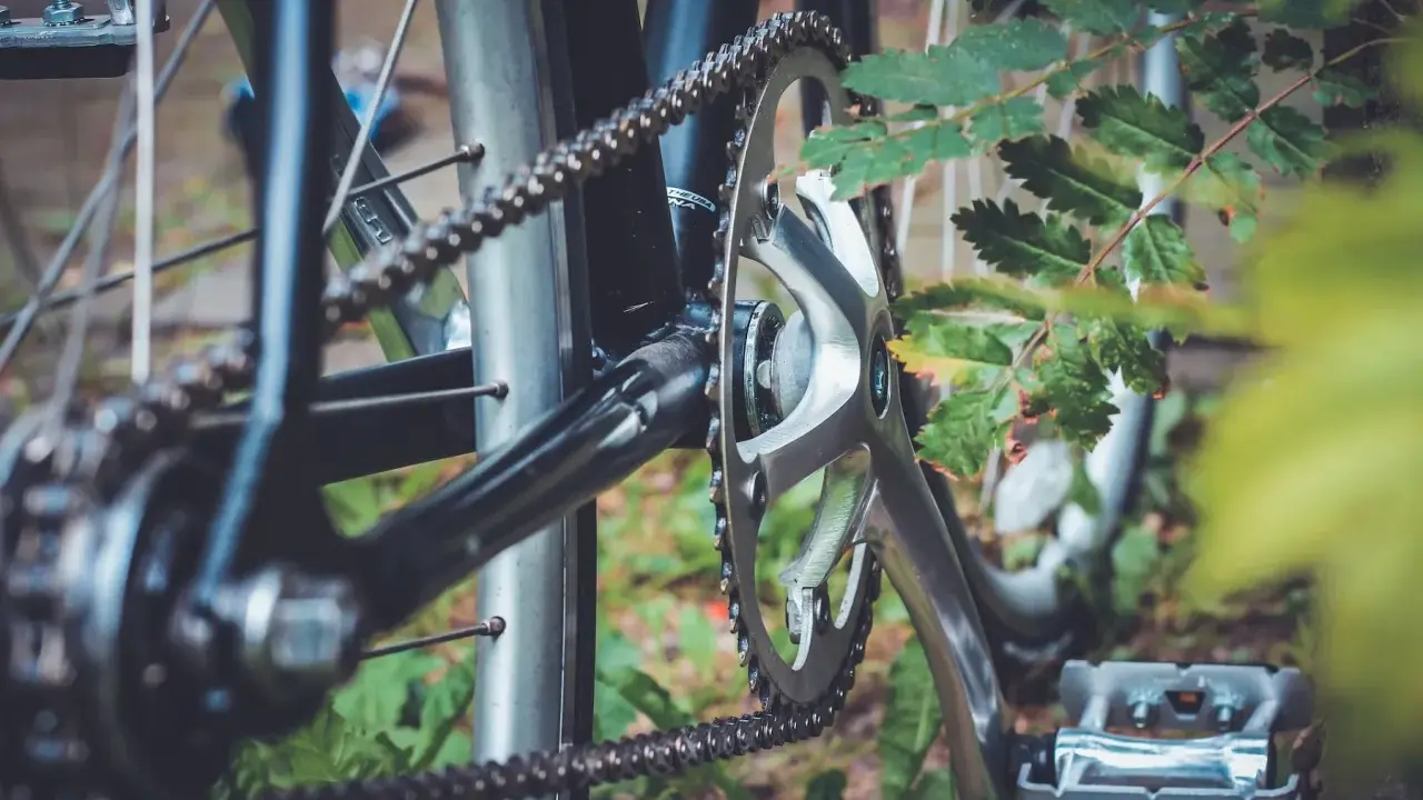 Zbliżenie na rowerowy mechanizm korbowy i łańcuch. Jak zmierzyć linię łańcucha? Widoczne zębatki, pedał i liście.