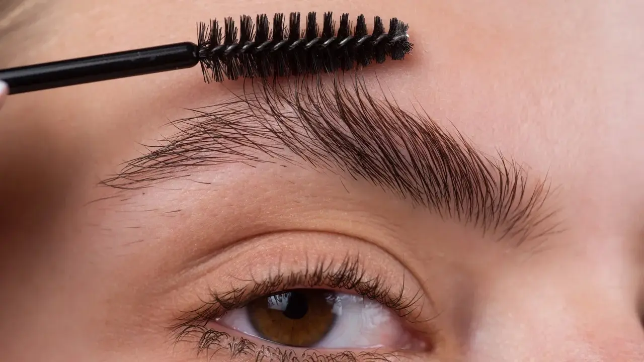 Une brosse à cils peigne les sourcils d'une femme pour les mettre en forme.