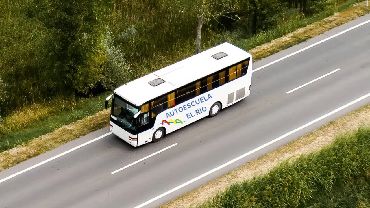 Autobús blanco de la autoescuela El Río en una carretera, preparándose para un examen en la pista.