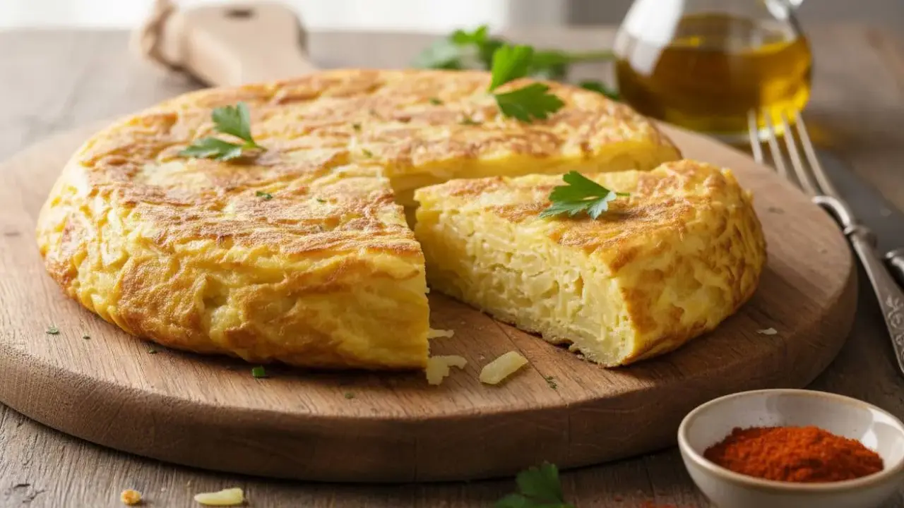 Una fetta di frittata di patate dorata e soffice, guarnita con prezzemolo, su un tagliere di legno.