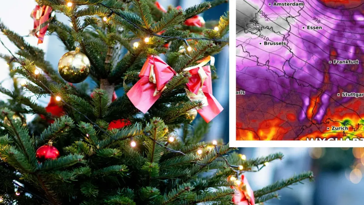 Weihnachtsbaum mit Lichtern und Kugeln, daneben eine Wetterkarte mit Europa.
