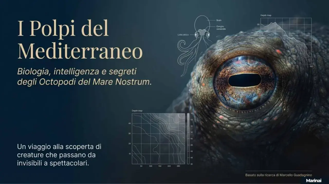 Occhio di polpo del Mediterraneo, con diagrammi di anatomia e profondità. Un viaggio alla scoperta dei polipi marini.