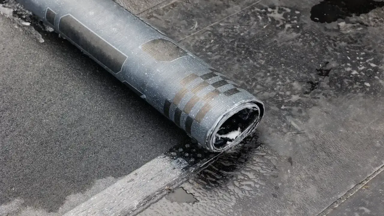 Rolka papy na zimno leży na mokrym dachu. Widać fragmenty wzoru na papie i jej zwinięty koniec.