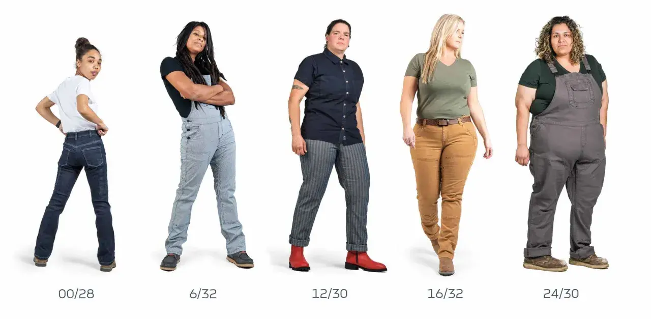 Five women in workwear, showcasing different sizes and styles. One wears size 33 in US jeans.