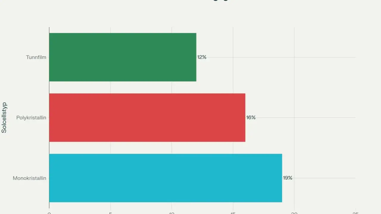 Horisontellt stapeldiagram som visar solcellers verkningsgrad: Tunnfilm 12%, Polykristallin 16%, Monokristallin 19%.