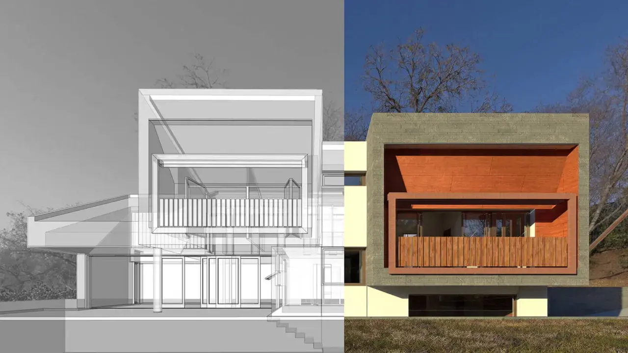 Diseño arquitectónico de una casa moderna, mostrando los pasos a seguir para construirla, desde el boceto hasta la imagen final.