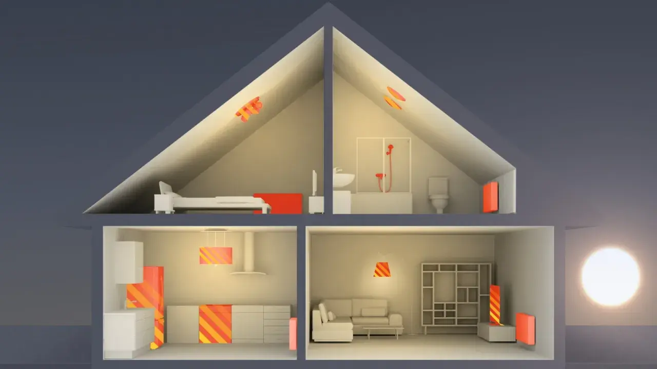 Schnitt durch ein Haus mit Heizkörpern und Lüftungsschlitzen, die Wärme symbolisieren. Dies zeigt eine energieeffiziente Bauweise.
