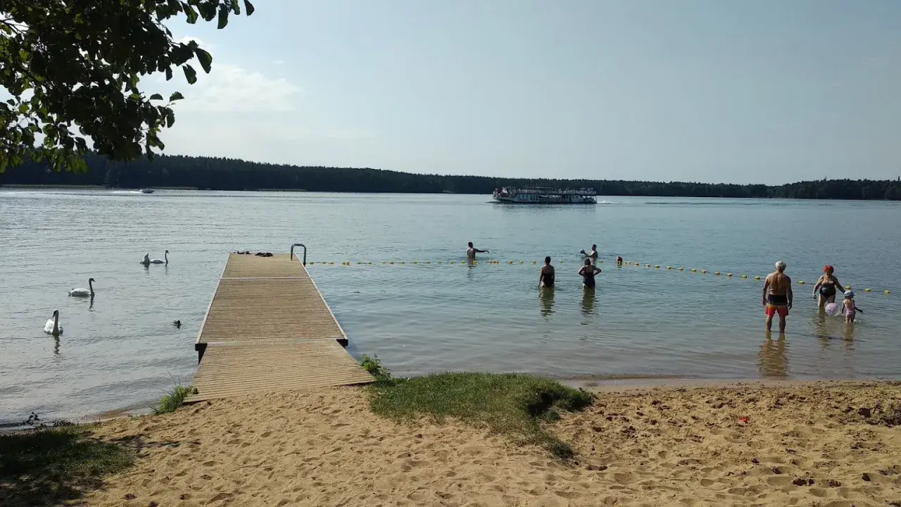 Słoneczna augustów plaża z pomostem, łabędziami i ludźmi kąpiącymi się w jeziorze. Na wodzie pływa statek wycieczkowy.