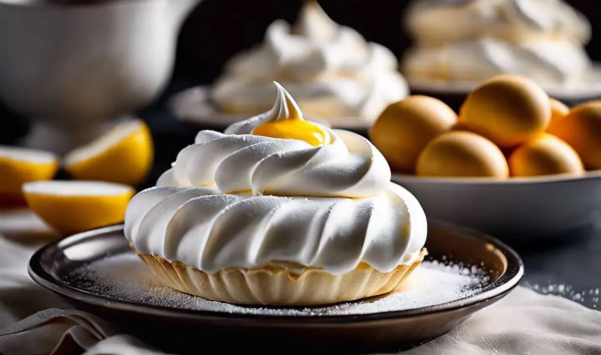 Tartelette garnie d'une généreuse meringue italienne, surmontée d'une touche de jaune d'œuf. Des citrons et des œufs sont disposés en arrière-plan.