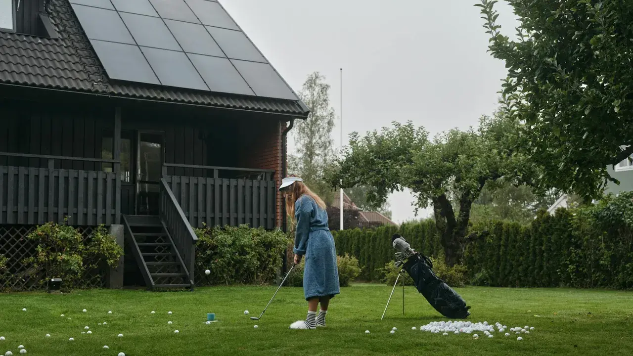 En flicka övar golf framför ett hus med solceller på taket. Solceller ger ren energi.