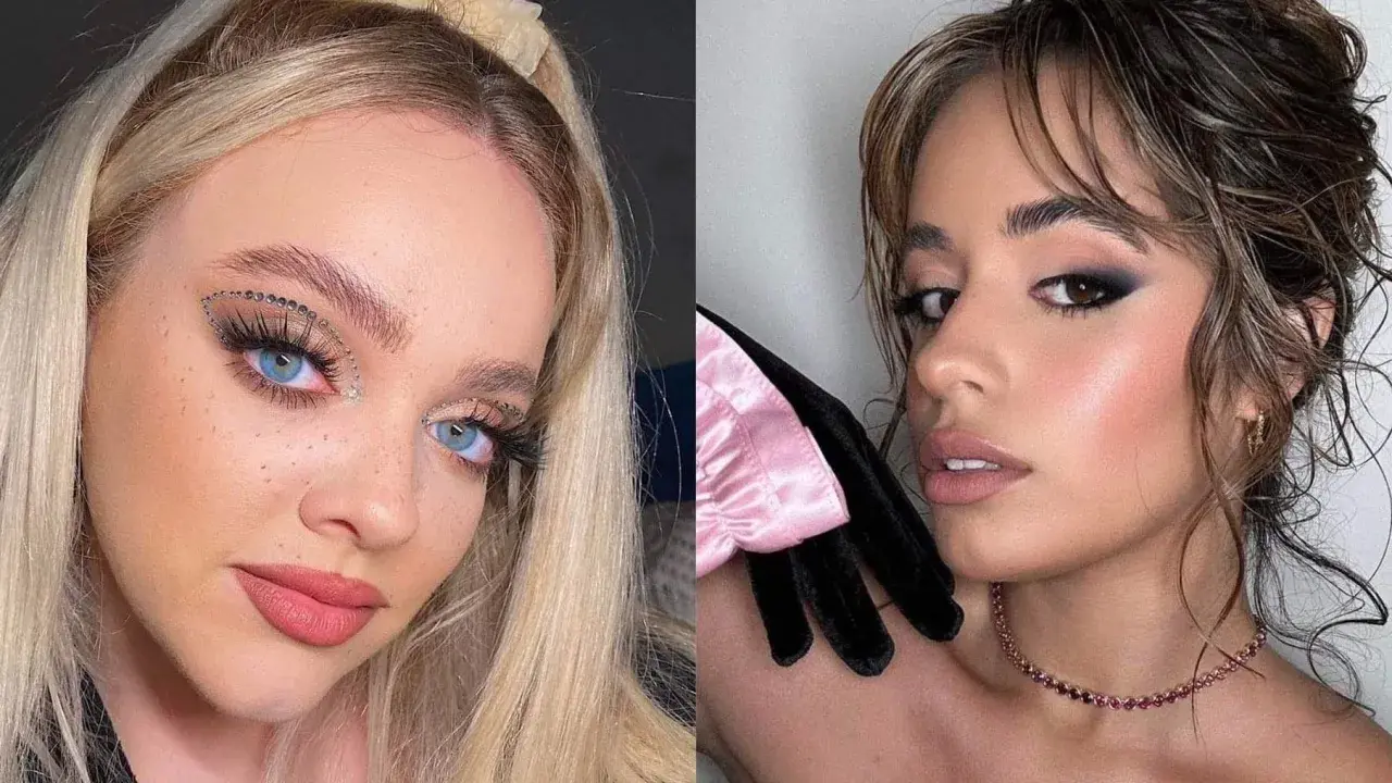 Dos looks de maquillaje: uno con delineados aesthetic de pedrería y otro con un ahumado oscuro y labios rosados.