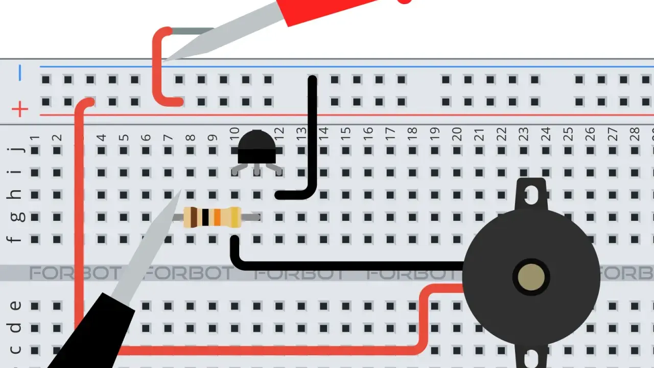 Układ na płytce stykowej z tranzystorem mosfet asg, rezystorem i brzęczykiem.