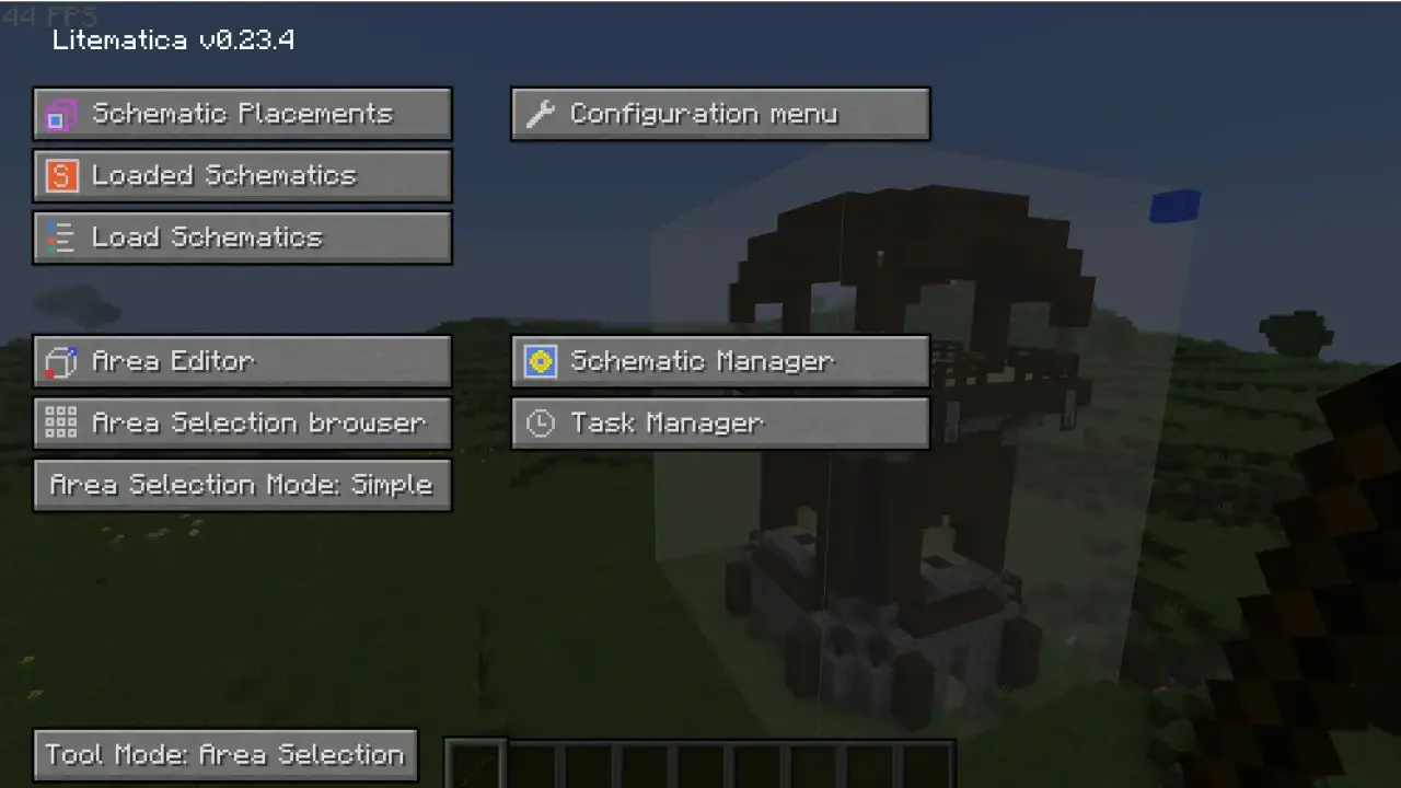 Menu Litematica w Minecraft, pokazujące opcje jak zainstalować mody do Minecrafta, np. Schematic Placements.
