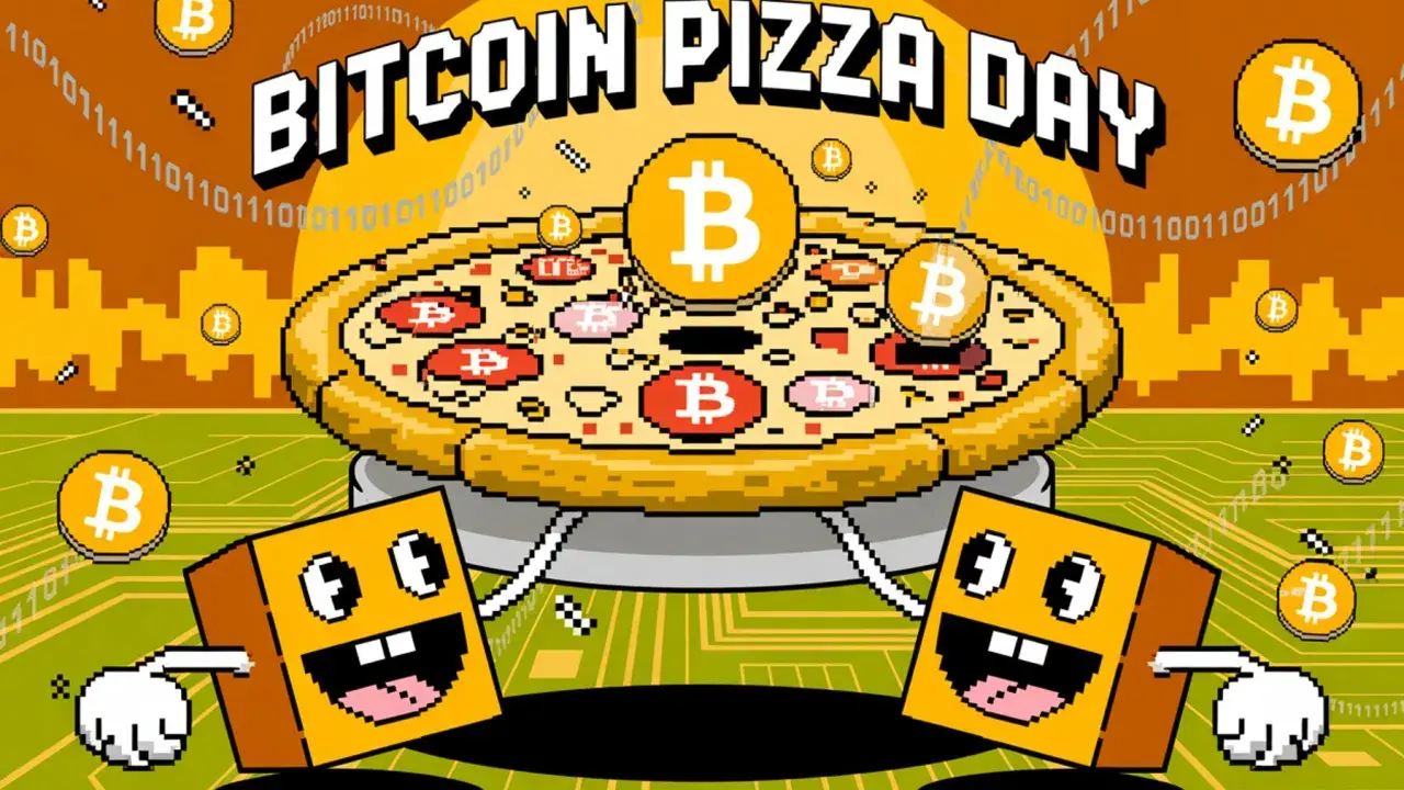 Dwie postacie w kształcie pudełka z uśmiechem świętują Dzień Pizzy Bitcoin. Na pizzy widnieją symbole Bitcoin, nawiązując do historii Laszlo Hanyecz.