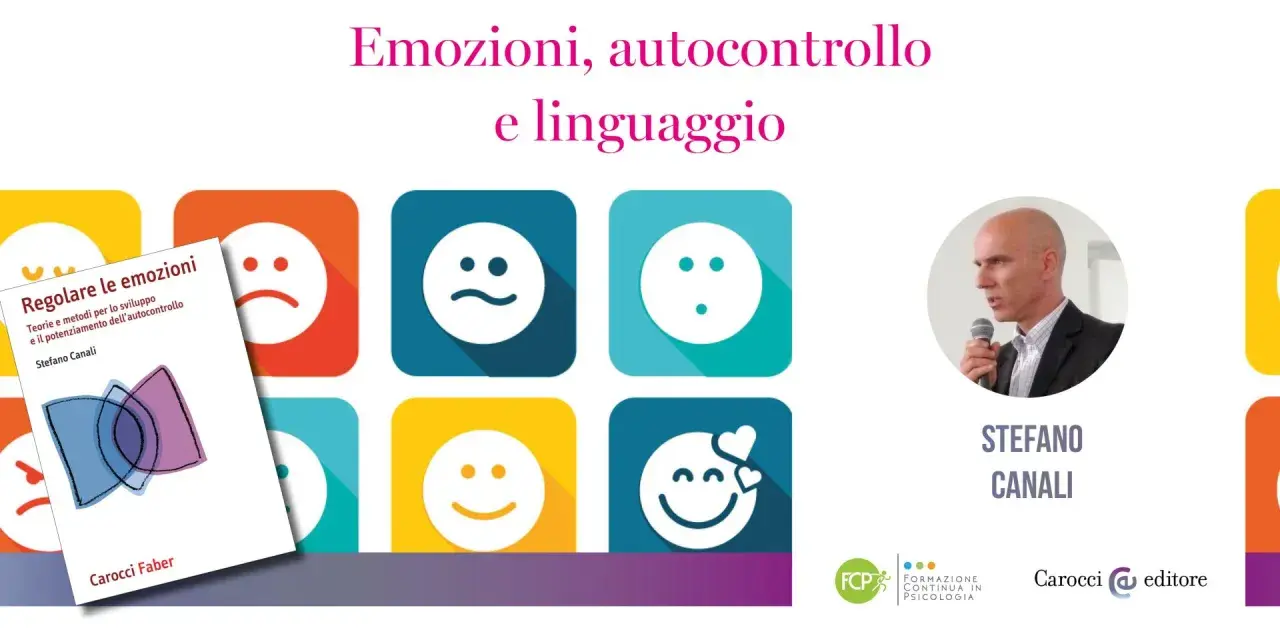 Libro "Regolare le emozioni" di Stefano Canali, con icone di emozioni e il ritratto dell'autore. Il tema è l'autocontrollo.
