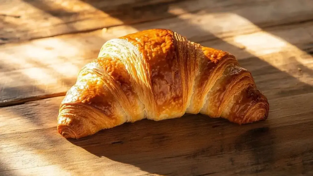Un délicieux croissant maison, doré et feuilleté, repose sur une table en bois baignée de soleil.