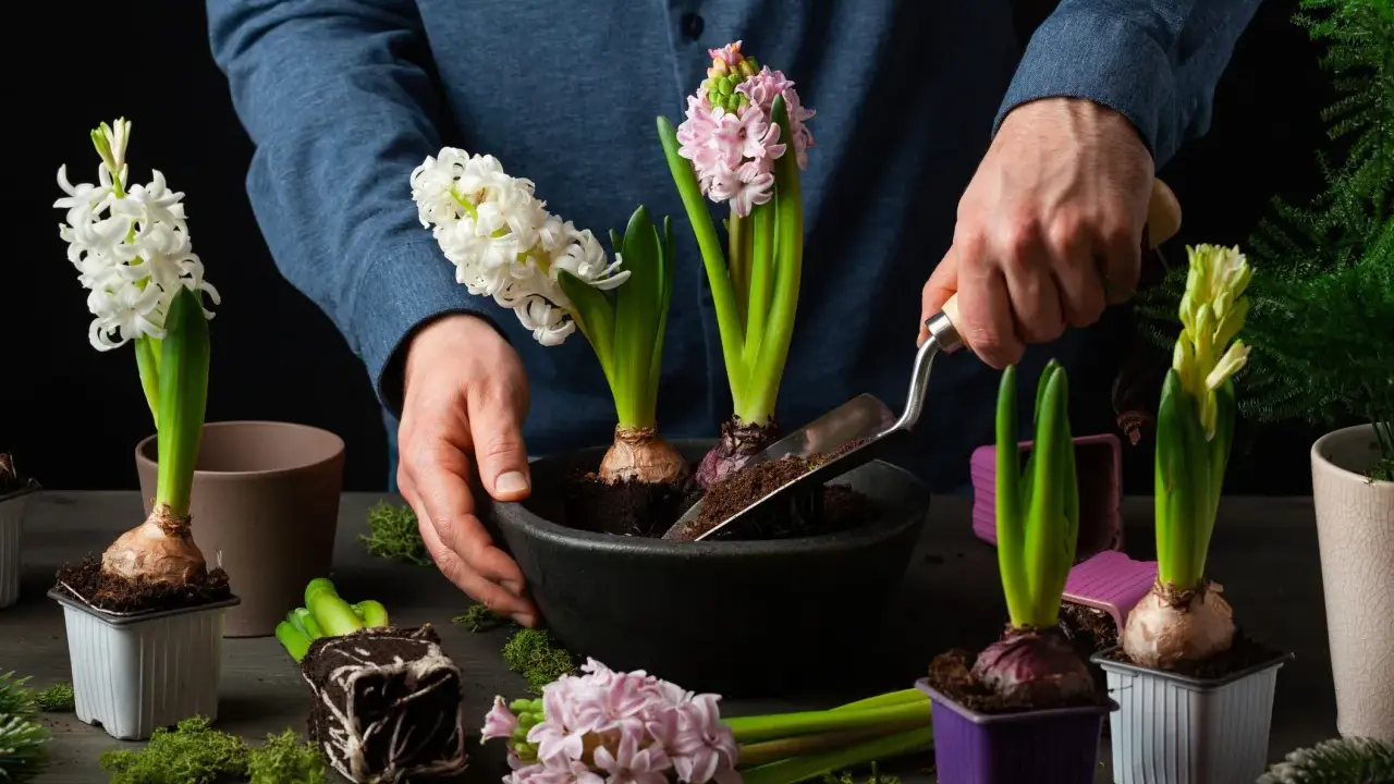 Händer planterar doftande hyacinter i rabatten. Vita, rosa och ljusgula blommor förbereds för våren.