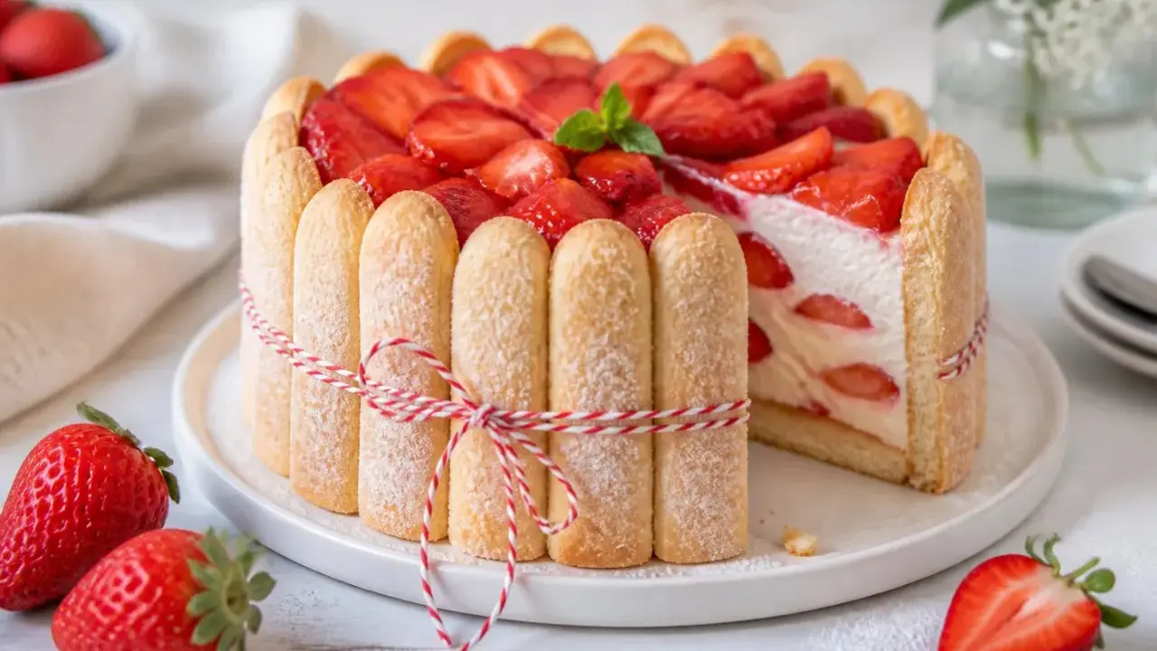 Eine köstliche Erdbeer Charlotte, umhüllt von Löffelbiskuits und dekoriert mit frischen Erdbeeren und Minze.