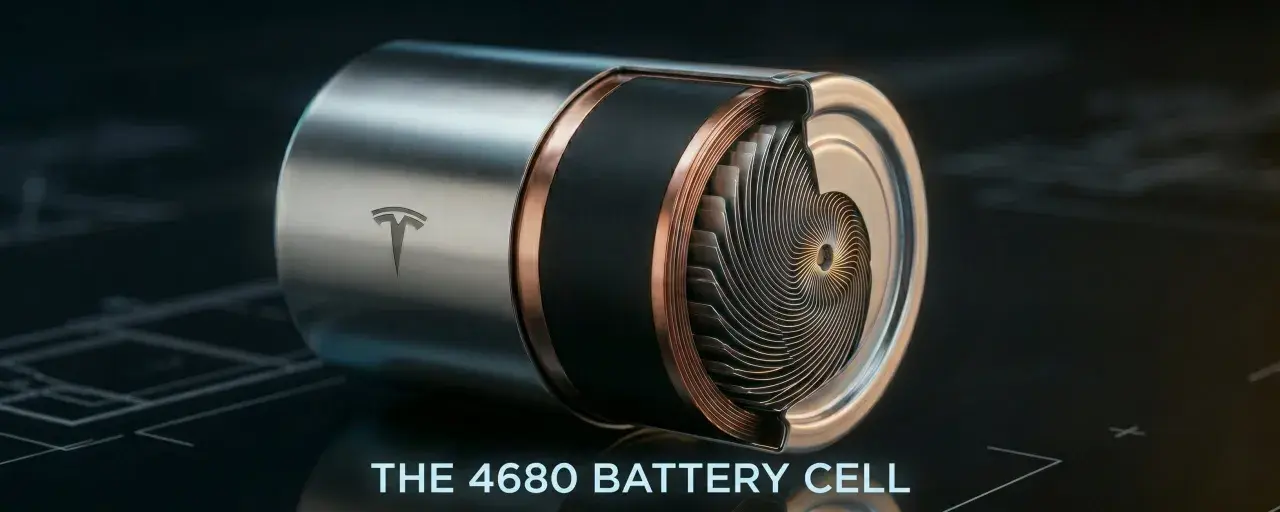 Coupe transversale d'une nouvelle batterie Tesla 4680, révélant sa structure interne enroulée.