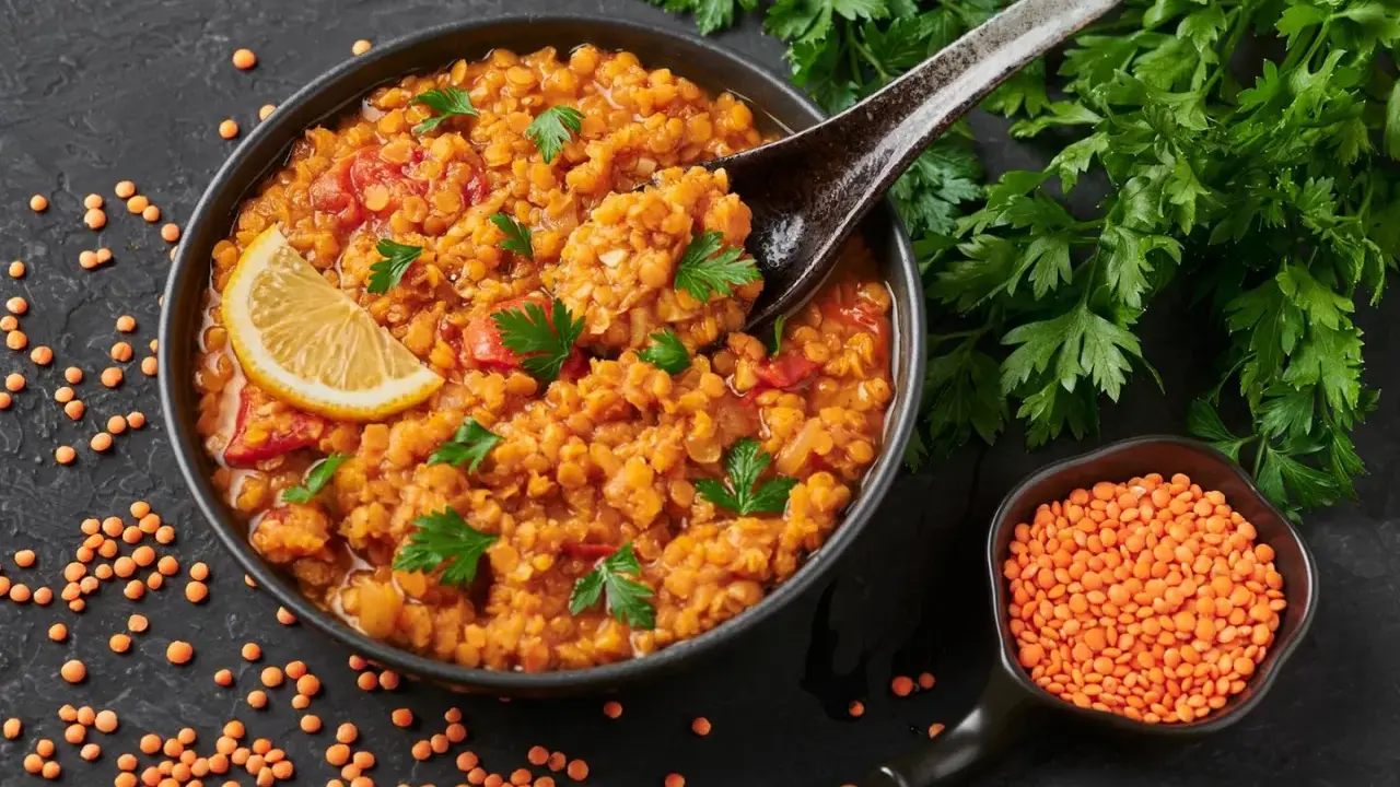 Rote Linsensuppe mit Zitrone und Petersilie – ein Gericht, das satt macht und wenig Kalorien hat.