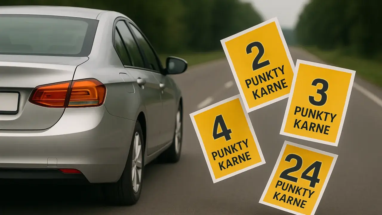 Srebrny samochód na drodze, obok unoszące się żółte karty z liczbami punktów karnych: 2, 3, 4, 24.