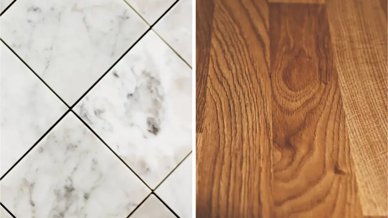 Comparación de un suelo laminado de madera con un suelo de mármol.