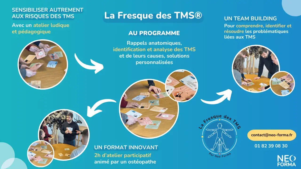 Atelier ludique pour la formation TMS : analyse des risques, causes et solutions. Un team building innovant animé par un ostéopathe.