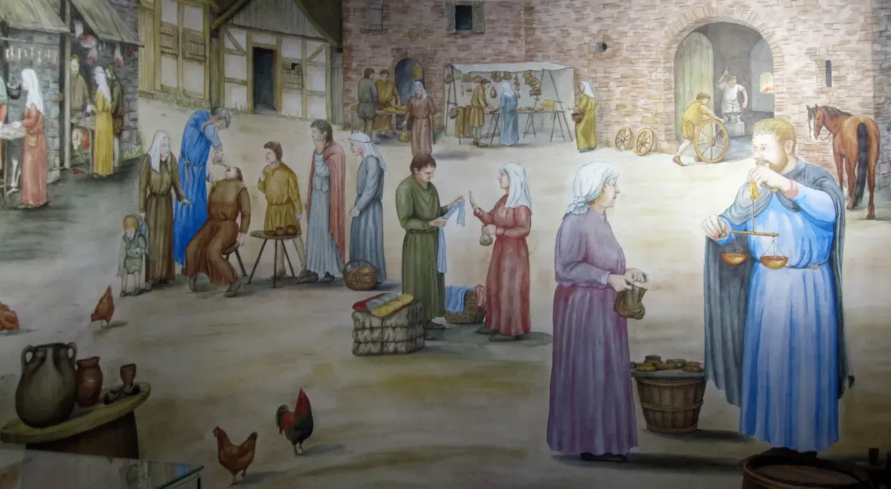 Auf einer Burg lebten Menschen verschiedenster Berufe: Händler, Schmiede und Bauern. Hier ein lebhaftes Markttreiben.