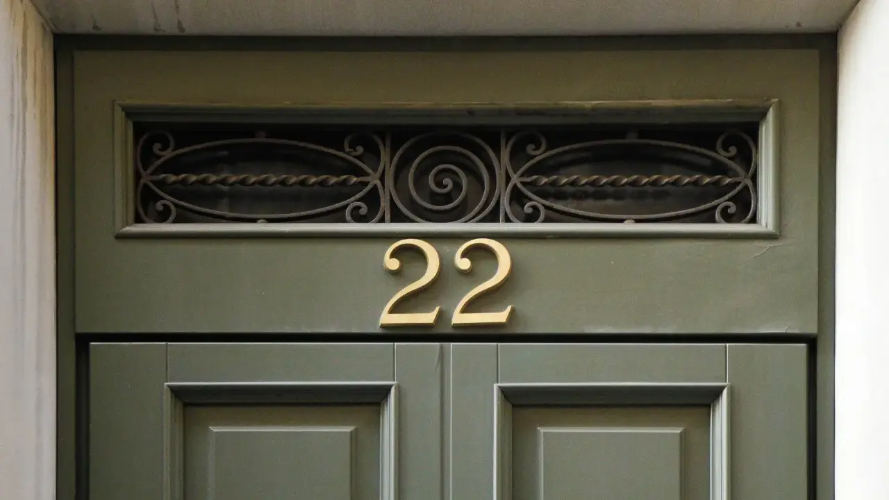 Złote **anielskie liczby** 22 na zielonych drzwiach.
