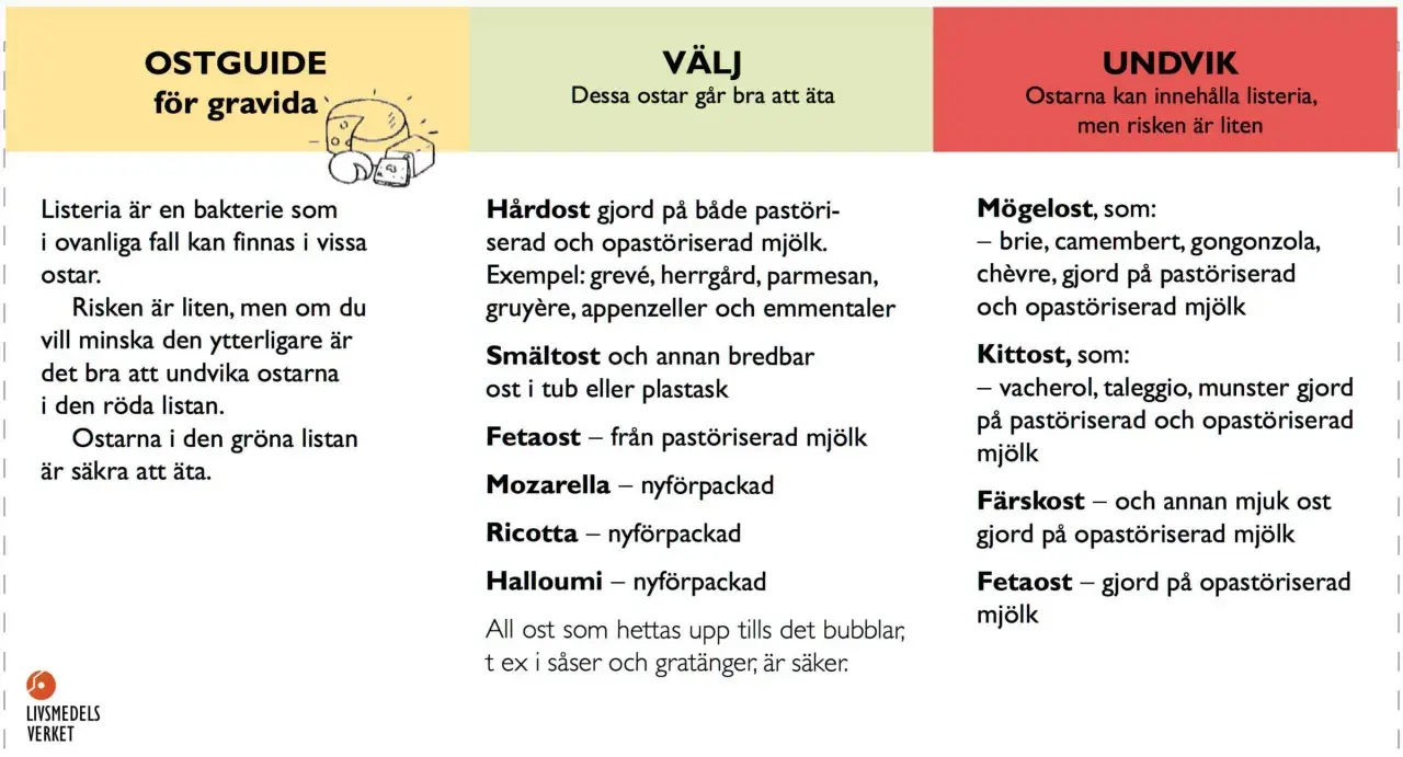 Ostguide för gravida: Välj ostar som mozzarella, ricotta, halloumi. Undvik mögelost och färskost gjord på opastöriserad mjölk. Burrata gravid? Välj pastöriserad.