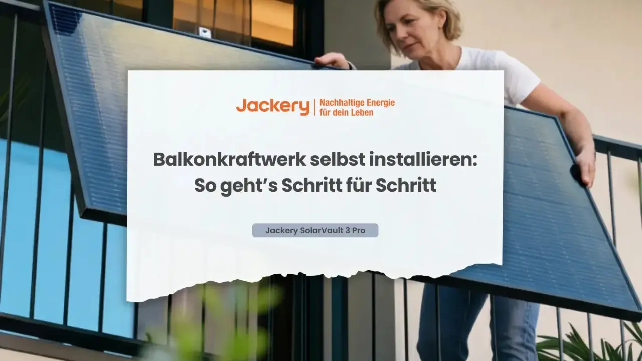 Frau montiert ein Balkonkraftwerk. Anleitung: Balkonkraftwerk anmelden und selbst installieren.
