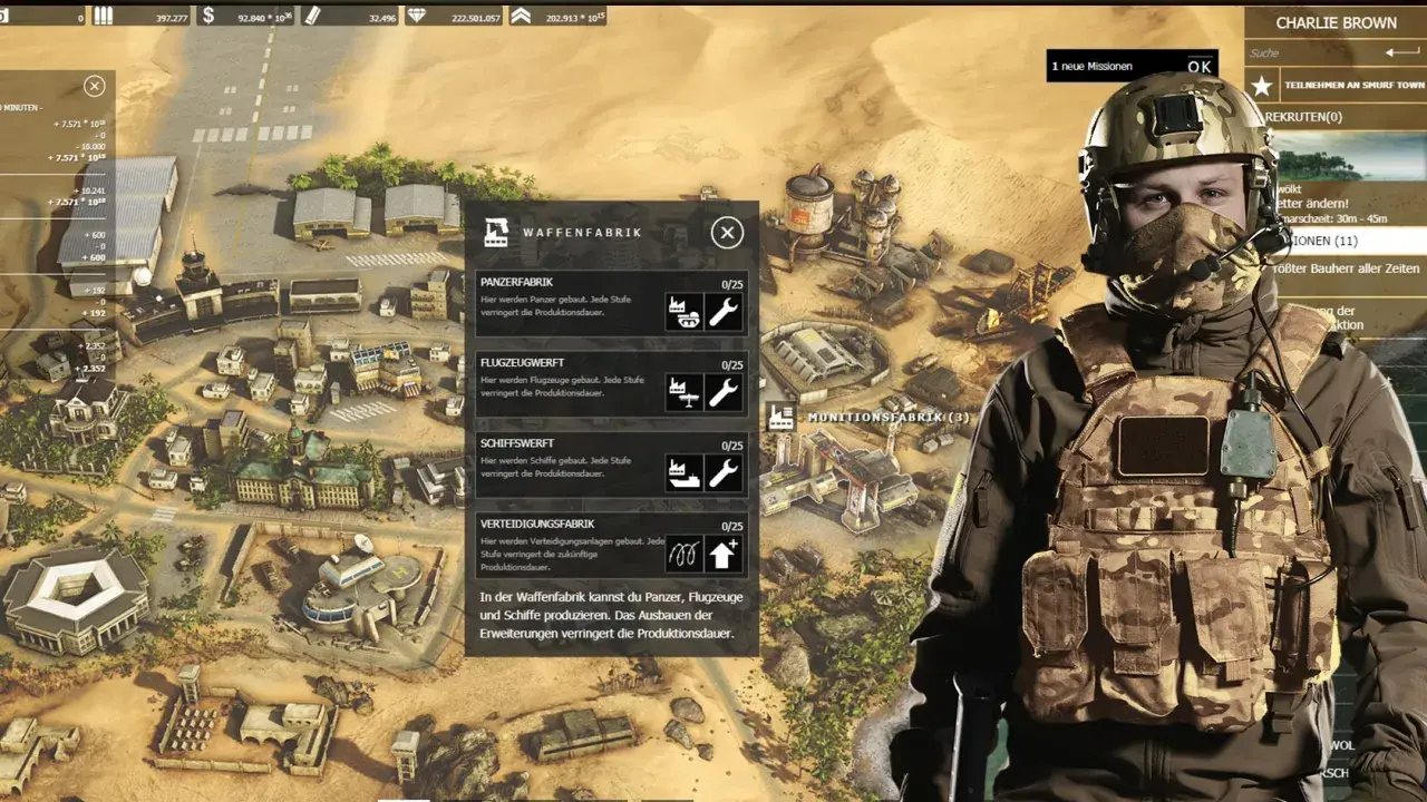 Gracz zarządza bazą wojskową w grze strategicznej, przygotowując się do **desert operations**. Widok obejmuje mapę z budynkami i jednostkami oraz interfejs zarządzania produkcją.