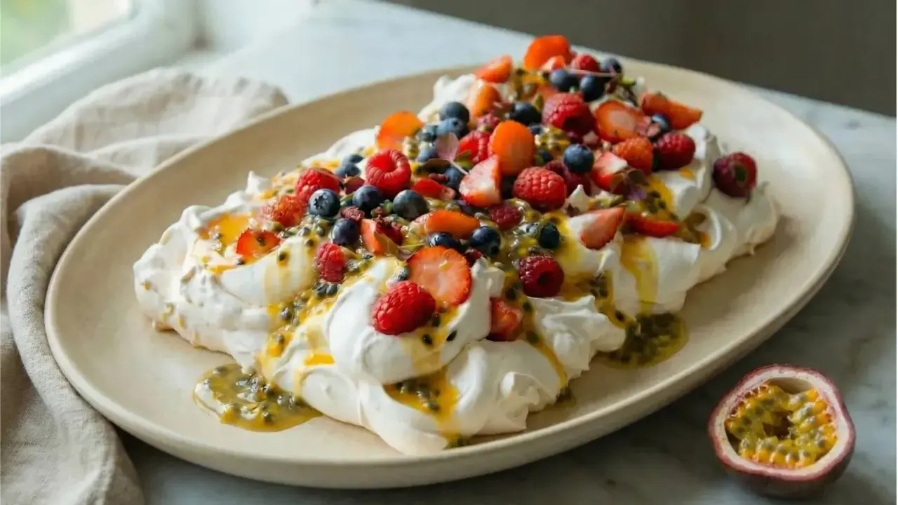En stor pavlova bakelse med vispgrädde, färska bär och passionsfruktssås.