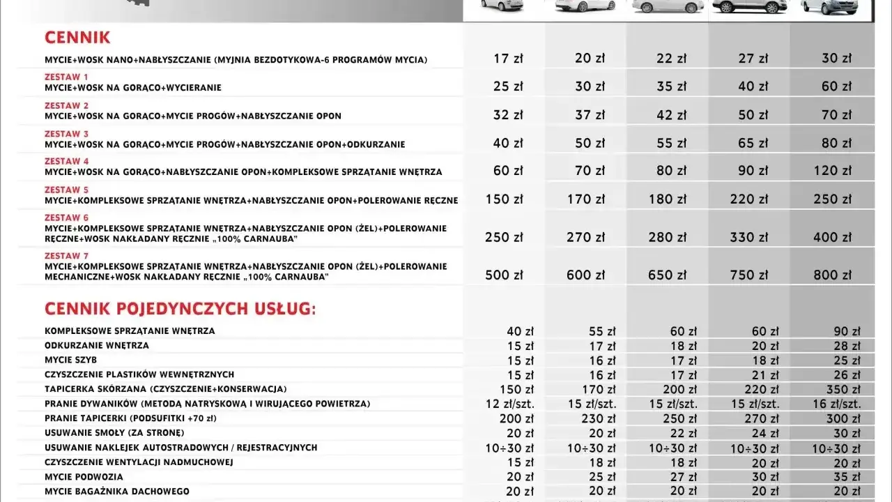 Cennik usług myjni samochodowej: zestawy mycia, woskowania, polerowania i sprzątania wnętrza. Sprawdź koszt myjni samochodowej dla różnych pakietów.
