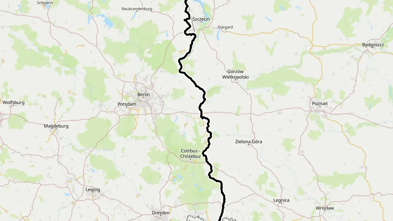 Mapa pokazuje przebieg szlaku rowerowego Odra-Nysa, łączącego Świnoujście z okolicami Wałbrzycha, przez Szczecin, Gorzów Wlkp. i Wrocław.