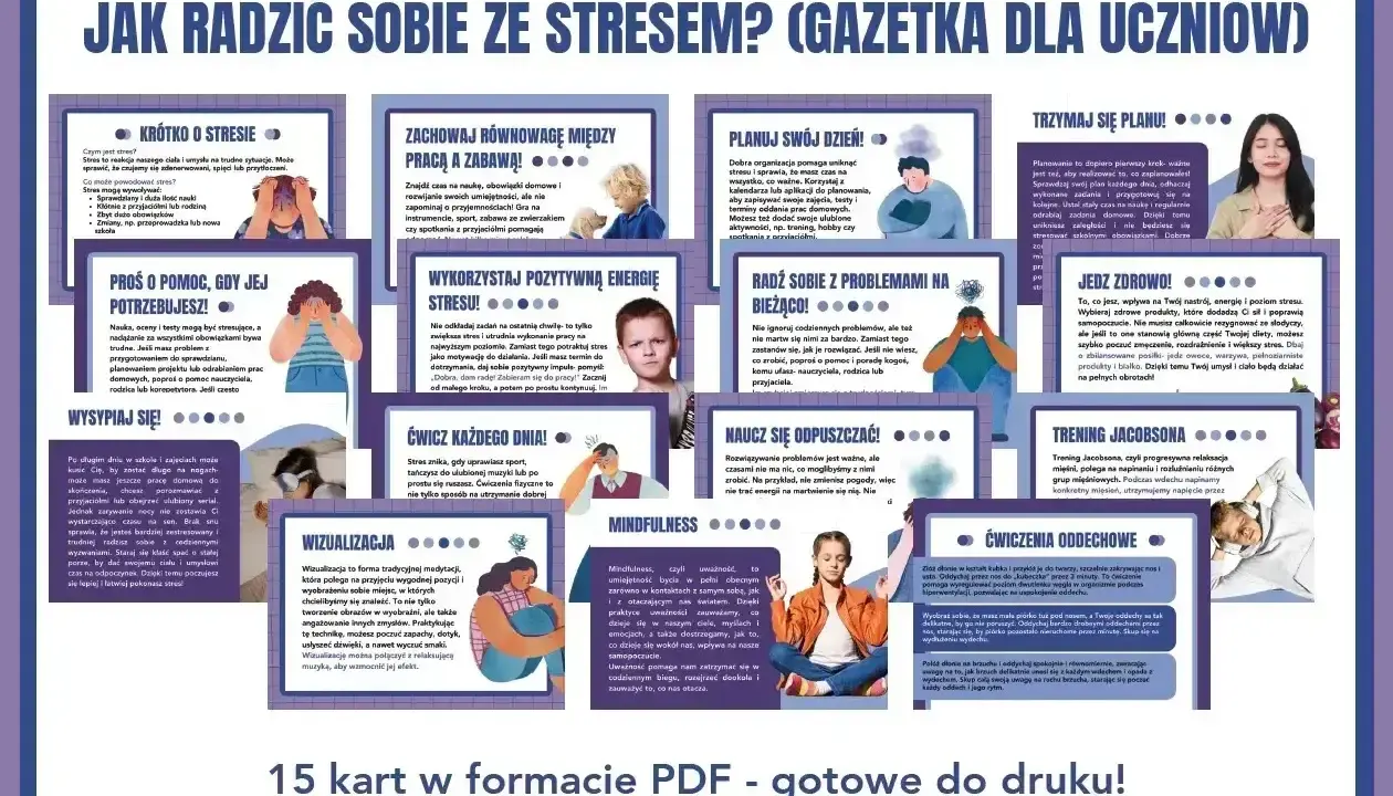 Gazetka dla uczniów o tym, jak radzić sobie ze stresem w pracy i szkole. Porady dotyczące snu, ćwiczeń, planowania i zdrowego odżywiania.