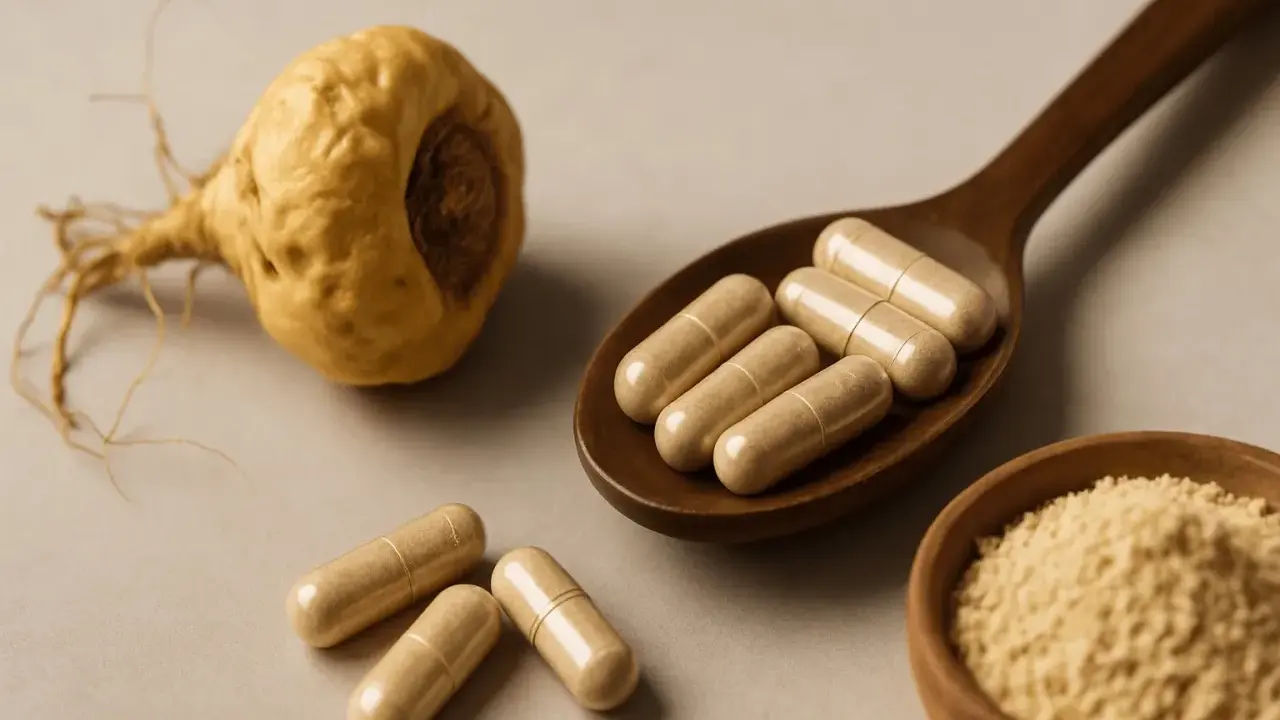 Maca-Wurzel, Kapseln auf einem Holzlöffel und Maca-Pulver in einer Schale. Was ist Maca? Ein Superfood für mehr Energie.
