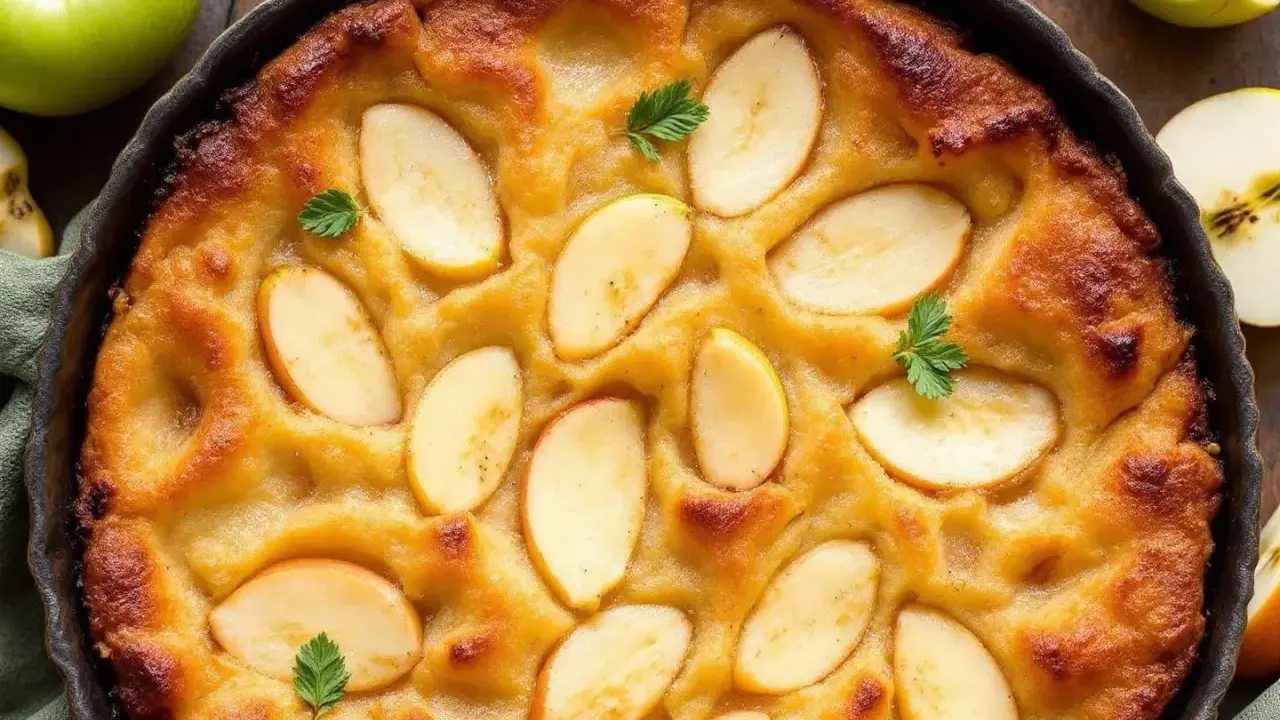 Un délicieux clafoutis aux pommes, doré et garni de fines tranches de pommes et de quelques feuilles de persil.