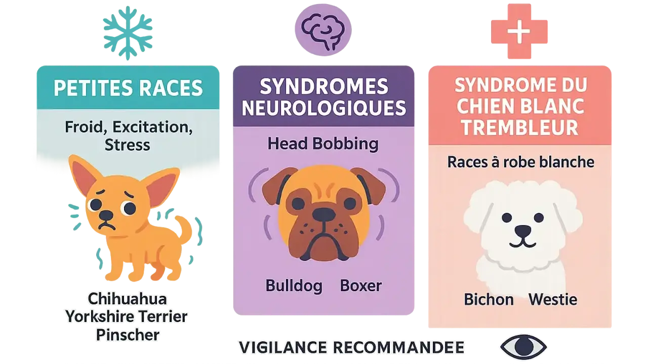 Un petit chien qui tremble, peut-être un Chihuahua, est montré à côté d'informations sur les petites races et le syndrome du chien blanc trembleur.