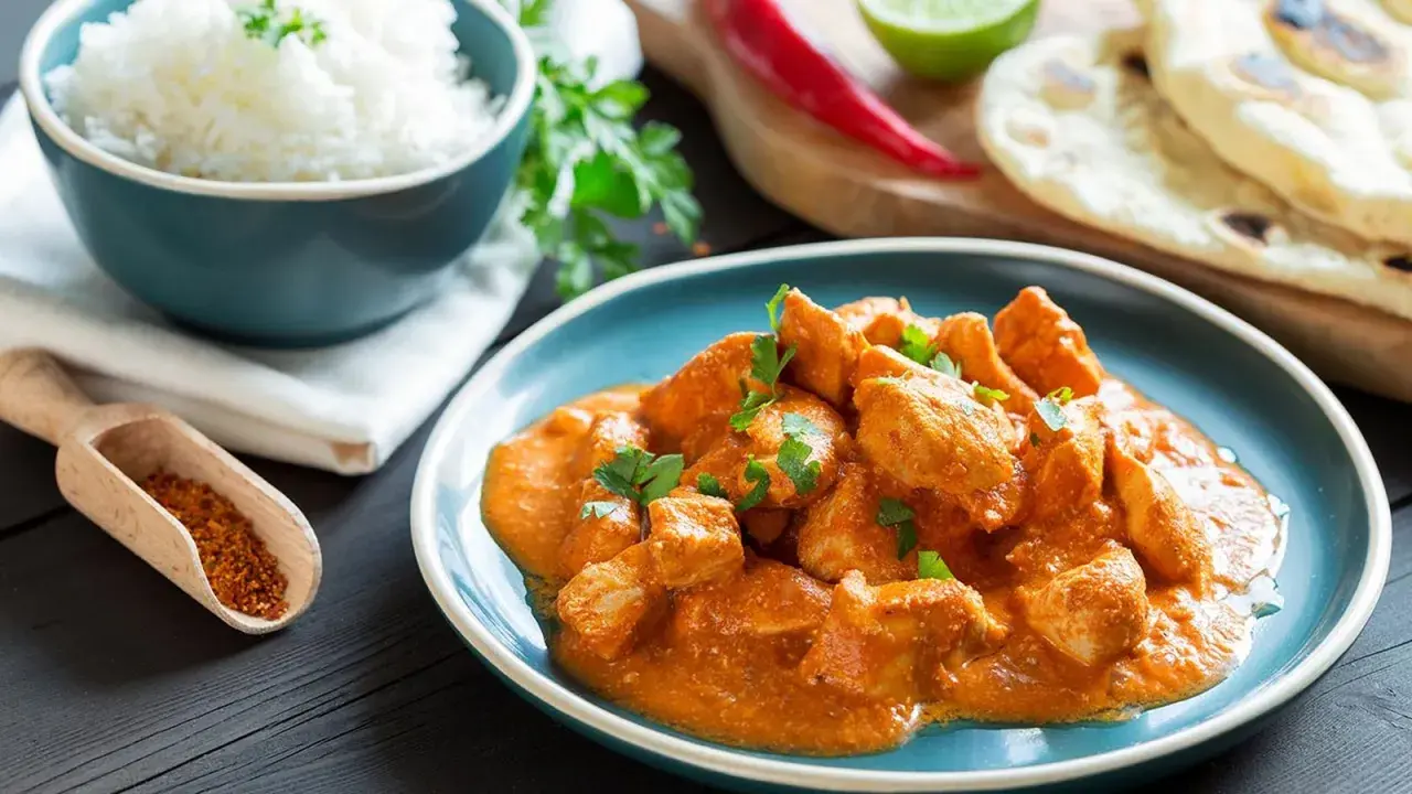 Sabroso pollo al curry cremoso servido en un plato azul, acompañado de arroz blanco, pan naan y especias.