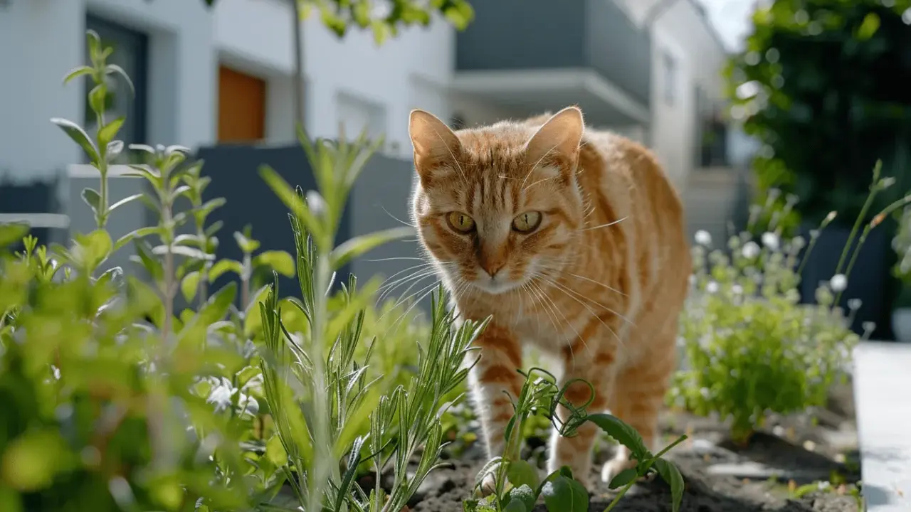 Eine orange getigerte Katze schleicht durch den Garten. Hoffentlich hinterlässt sie keinen Katzenkot im Garten.