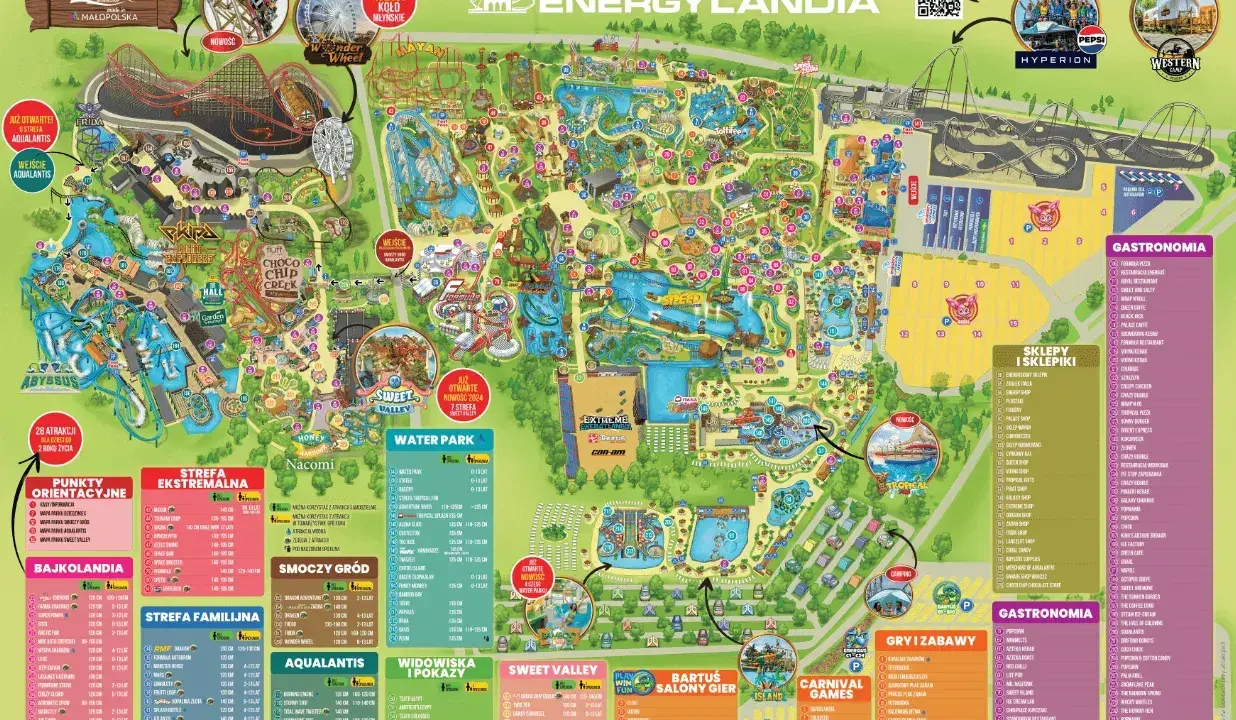 Mapa parku rozrywki Energylandia, który znajduje się w Zatorze, w województwie małopolskim.